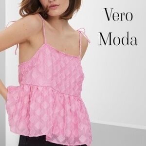 VERO MODA Masja Tie-Shoulder Allover Diamond Burnout Pattern Peplum Top-NWT/Lg